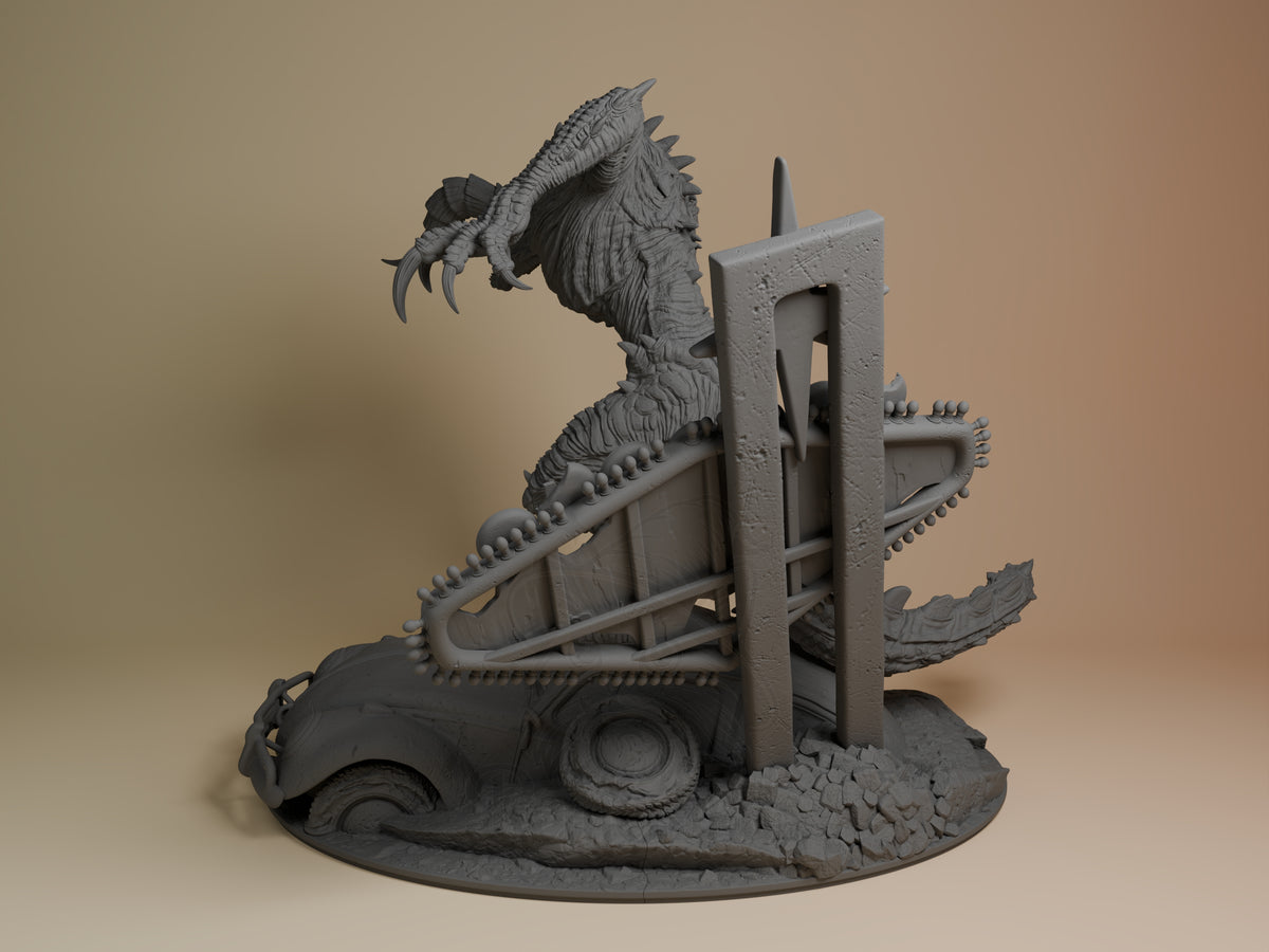 Deathclaw from Fallout is an unpainted resin figure in side view with raised claws on a rubble base.