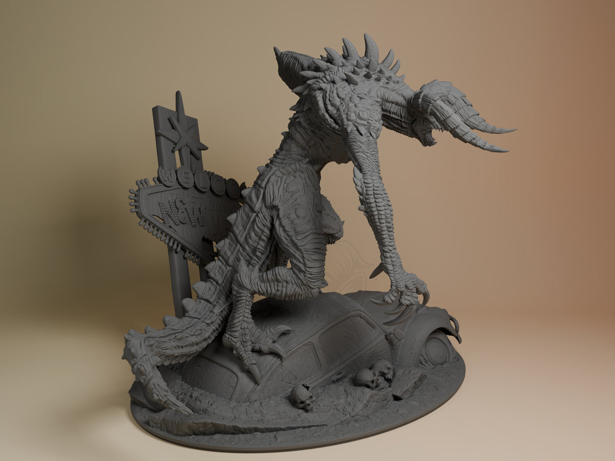 Deathclaw from Fallout is an unpainted gray resin figure shown from the right, crouched on a sculpted wasteland base.