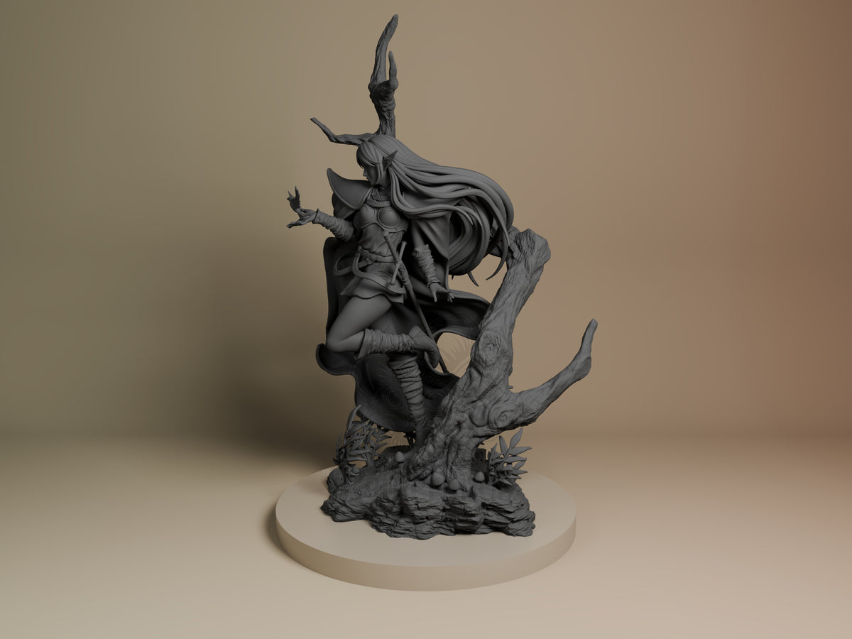 Deedlit from Record of Lodoss War, an unpainted resin figure, kneels at an angle on a tree base.