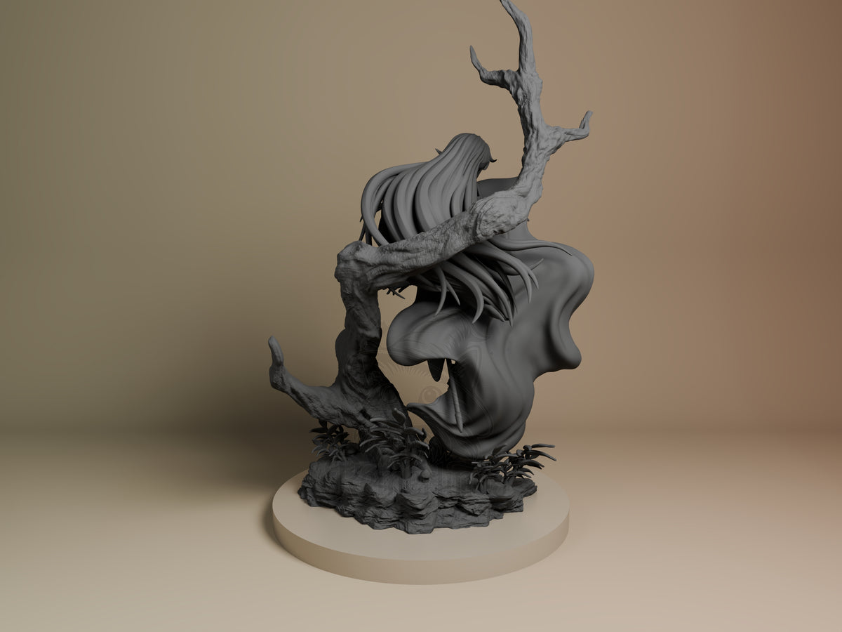 Back view of Deedlit from Record of Lodoss War, an unpainted resin figure with flowing hair and a tree base.