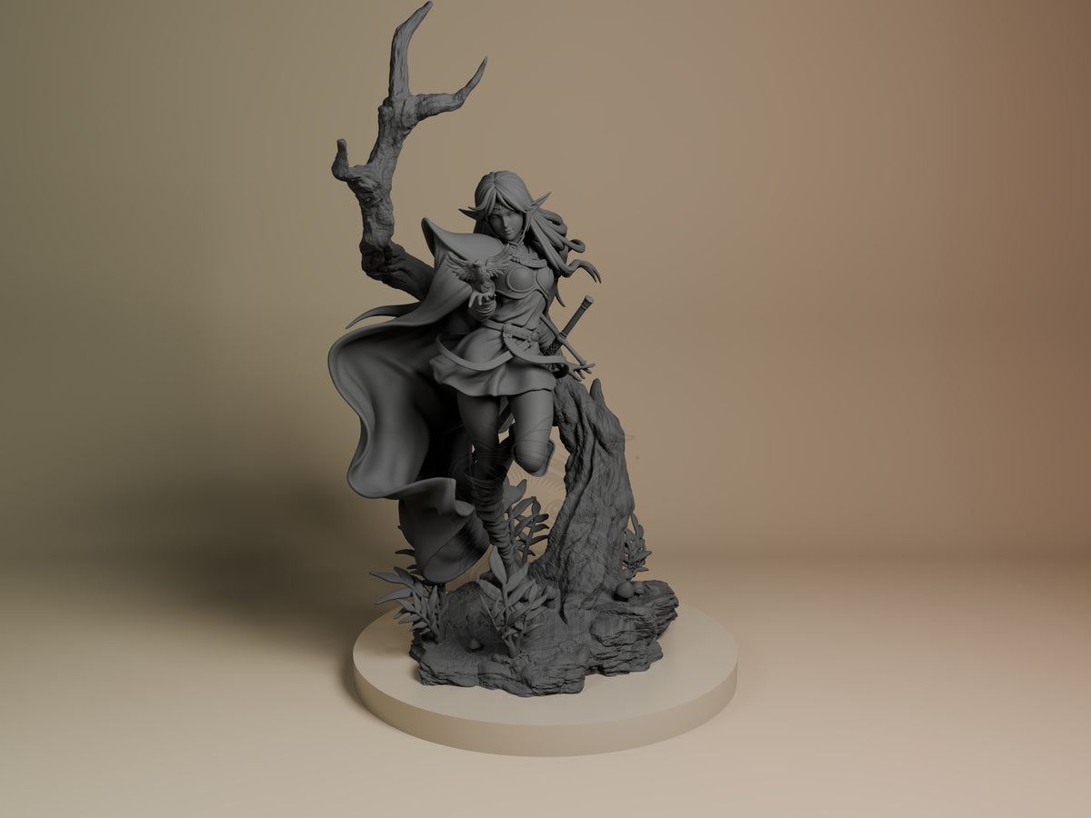 Front view shows Deedlit from Record of Lodoss War, an unpainted resin figure with cape, sword, and tree base.