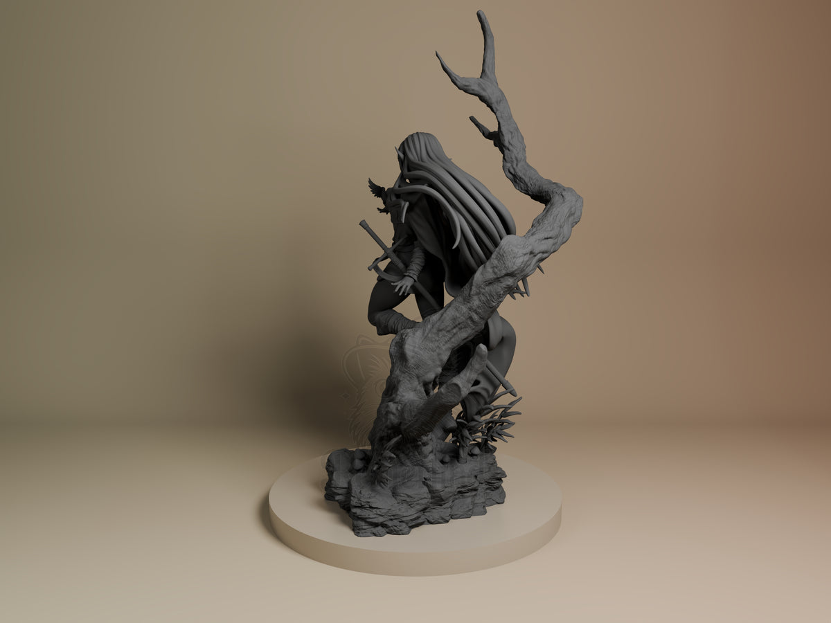 Deedlit from Record of Lodoss War crouches with a sword in an unpainted resin figure beside a tree base.