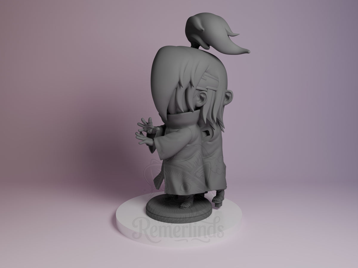 Gray resin Chibi figure of Clay Bomber from Naruto shown from side angle, unpainted, wearing long coat with small duck perched on head, standing on circular base.