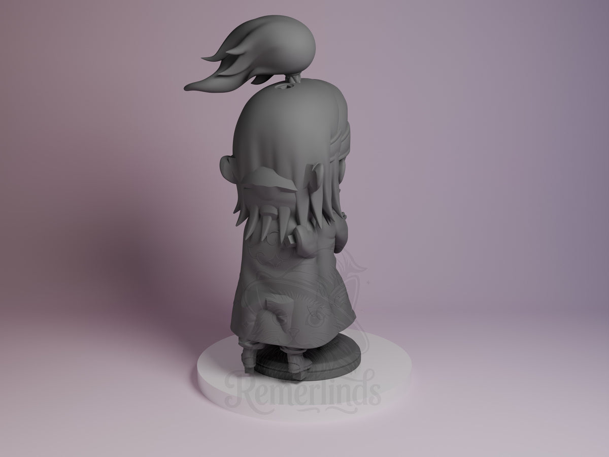 Clay Bomber resin Chibi figure from Naruto shown from behind, unpainted gray resin with detailed hair and clothing, small creature perched on head, white circular base.