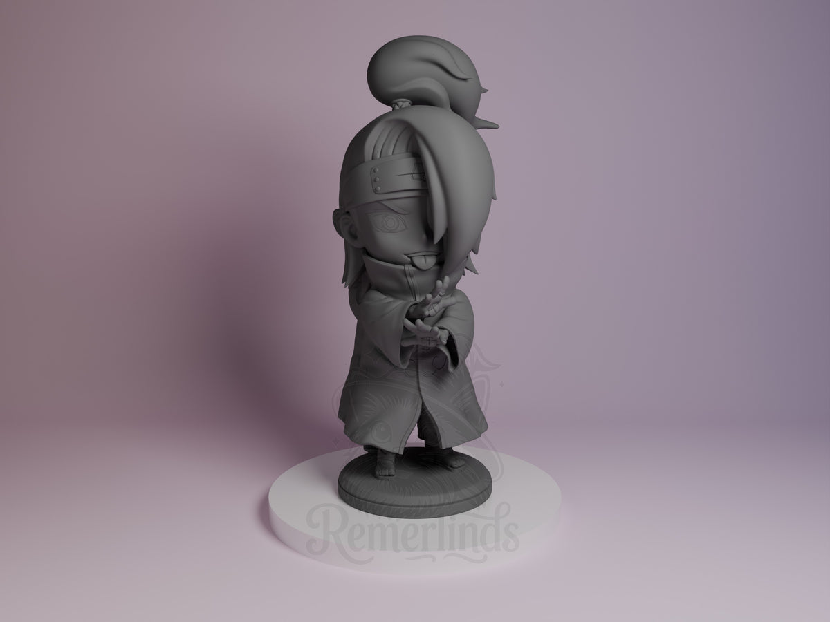 Clay Bomber resin Chibi figure from Naruto shown from front angle, unpainted gray model standing on circular base, detailed armor and clothing visible.