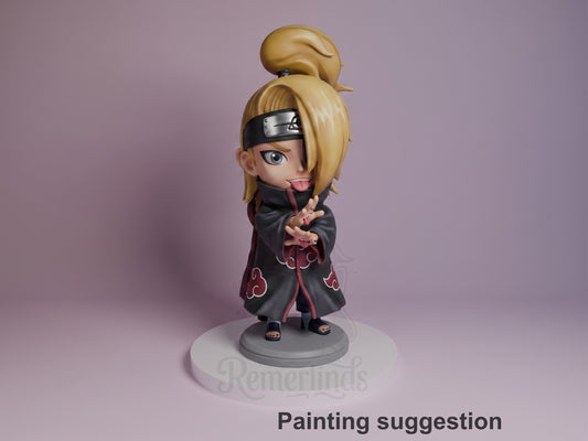 Deidara resin Chibi figure from Naruto shown fully painted in blonde hair bun, black Akatsuki coat with red clouds, headband, and neutral base against lavender background.