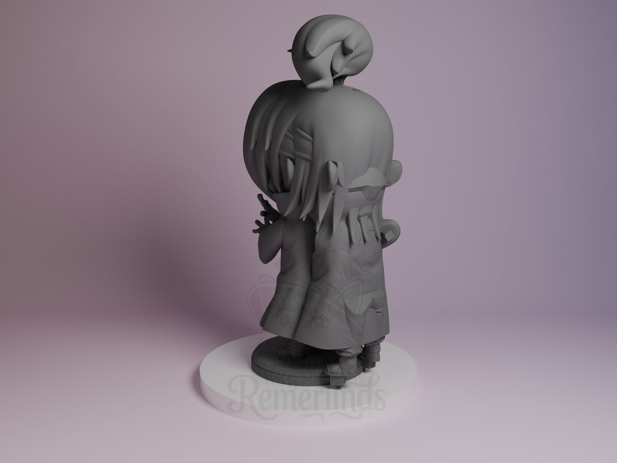 Clay Bomber from Naruto resin Chibi figure, rear three-quarter view showing detailed back sculpting, long hair, unpainted gray finish on circular base.