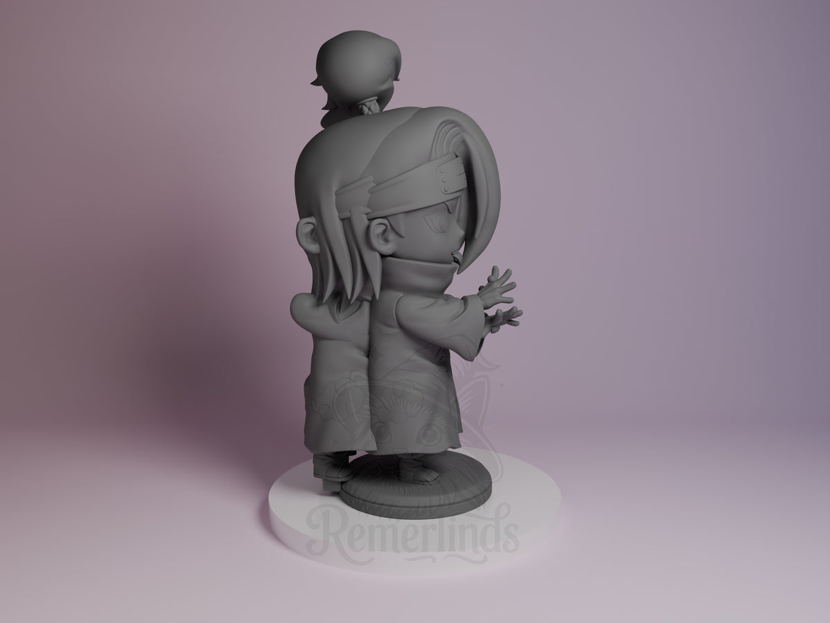 Clay Bomber resin Chibi figure from Naruto shown from the right side, unpainted gray with long hair and headband, standing on circular base.