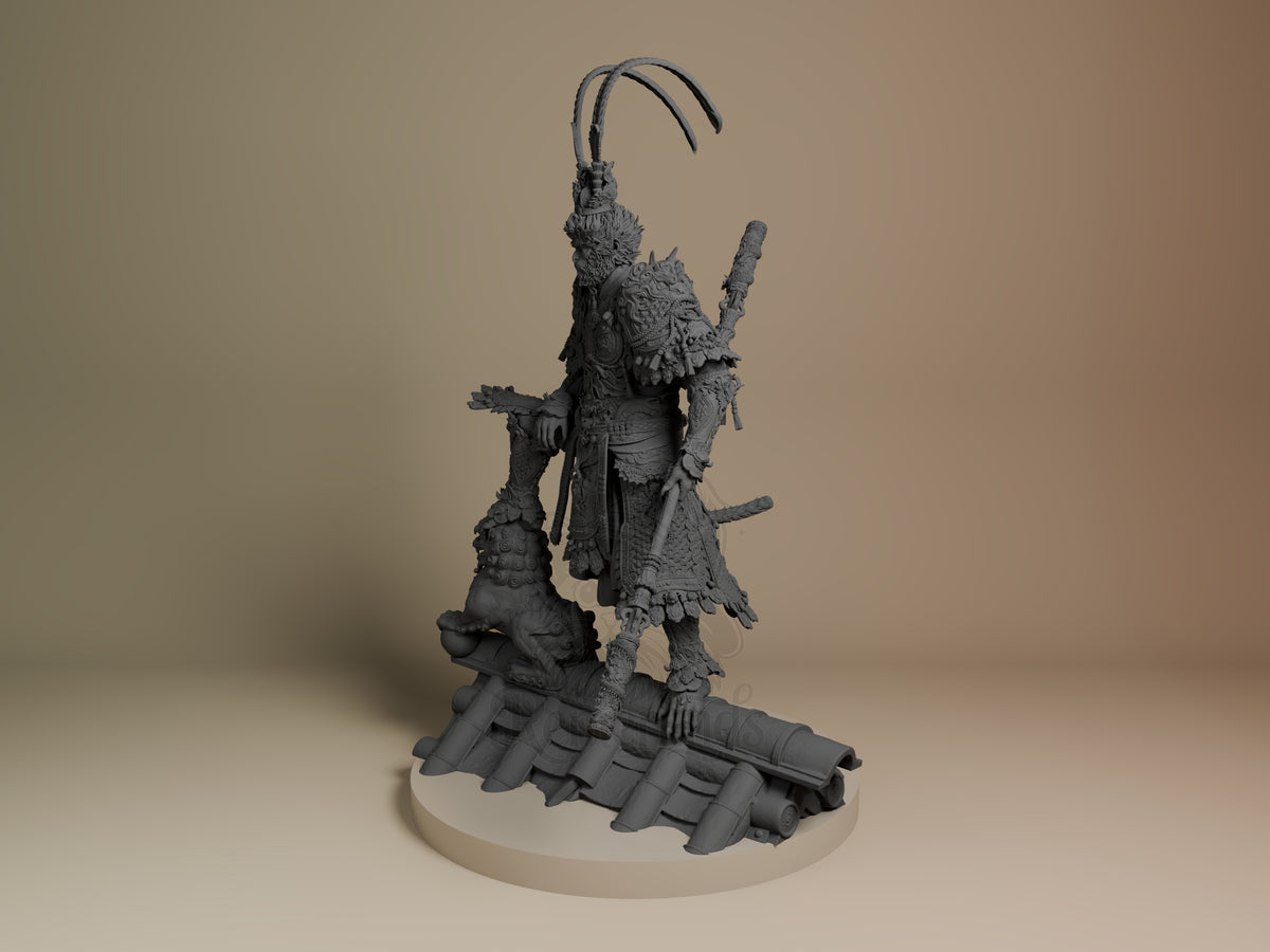 Wukong Destined One 3D printed resin figure by Bulkamancer, angled view showing dimensional details.