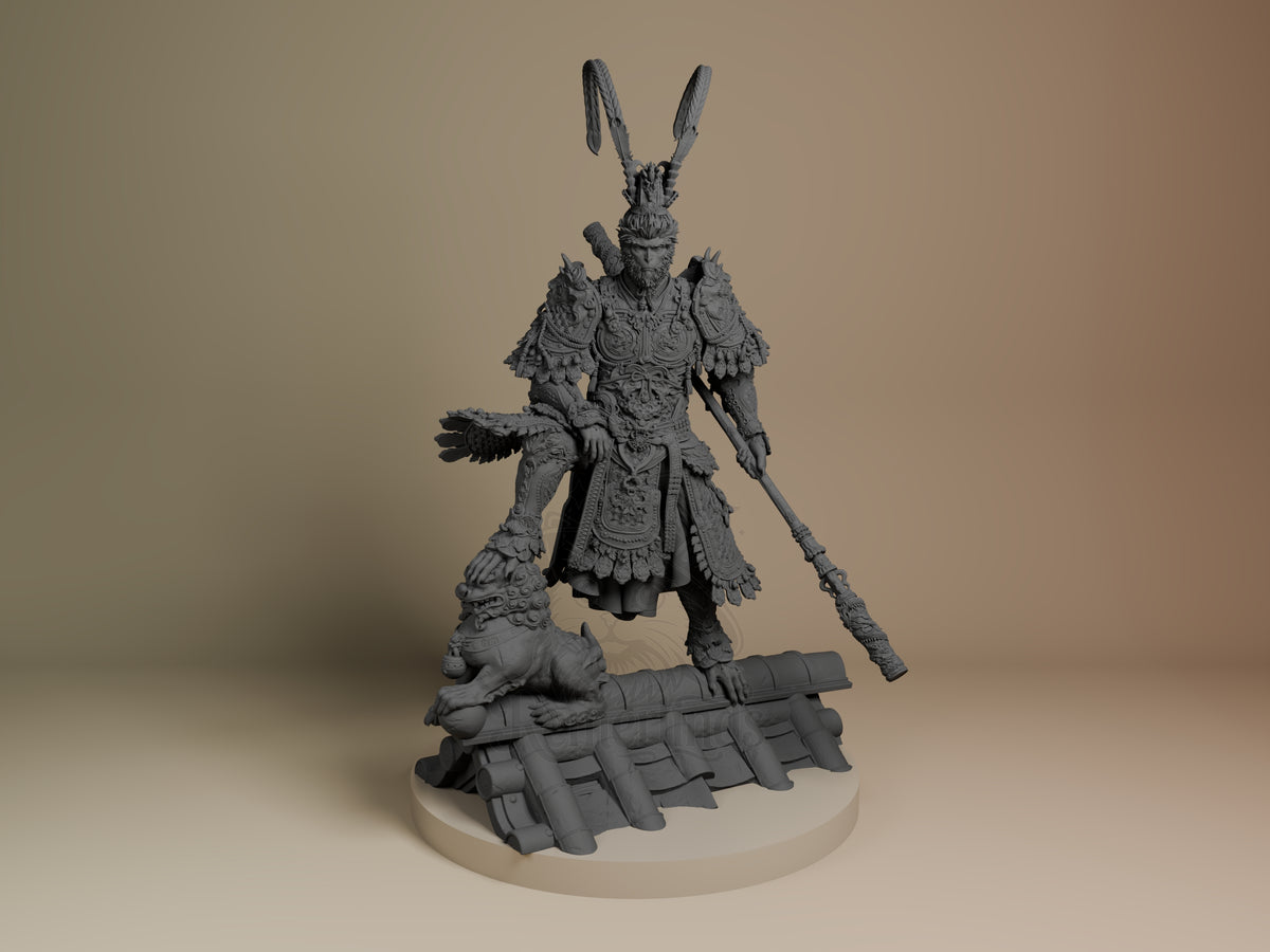 Wukong Destined One 3D printed resin figure by Bulkamancer, unpainted front view. The figure depicts Wukong standing authoritatively with one foot on a roof tile base adjacent to a small lion statue, holding an elaborate staff. The miniature is richly detailed with layered armor, a feathered headdress, and finely textured elements that emphasize a regal and powerful presence, perfectly capturing a heroic or destined warrior aesthetic.
