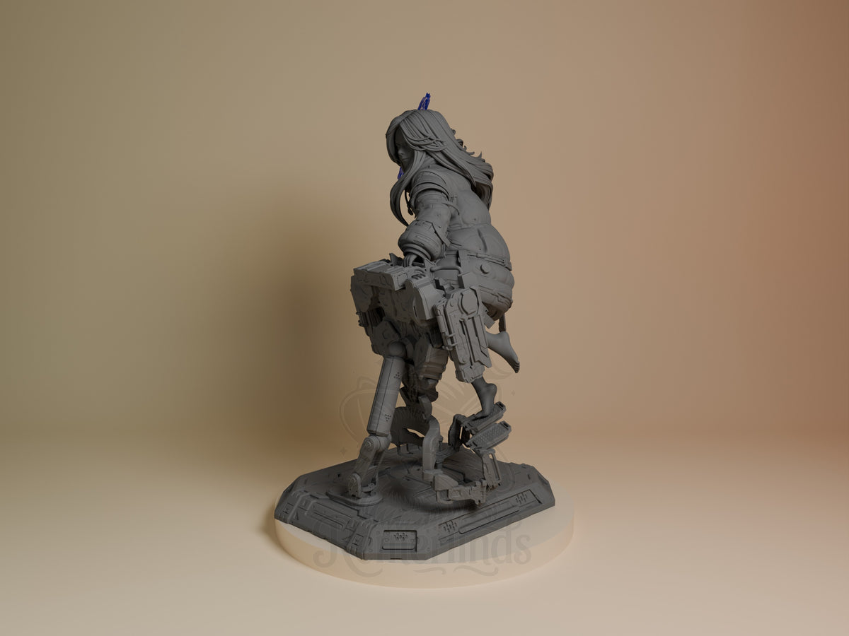 Diana from Pragmata resin figure shown from side angle, unpainted gray with articulated mech limbs, blue hair accent, standing on detailed base.