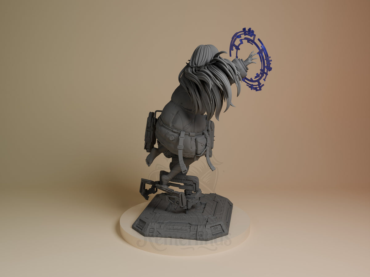 Diana from Pragmata resin figure shown from behind, long hair flowing, tactical gear visible, standing on sci-fi base with blue holographic element.