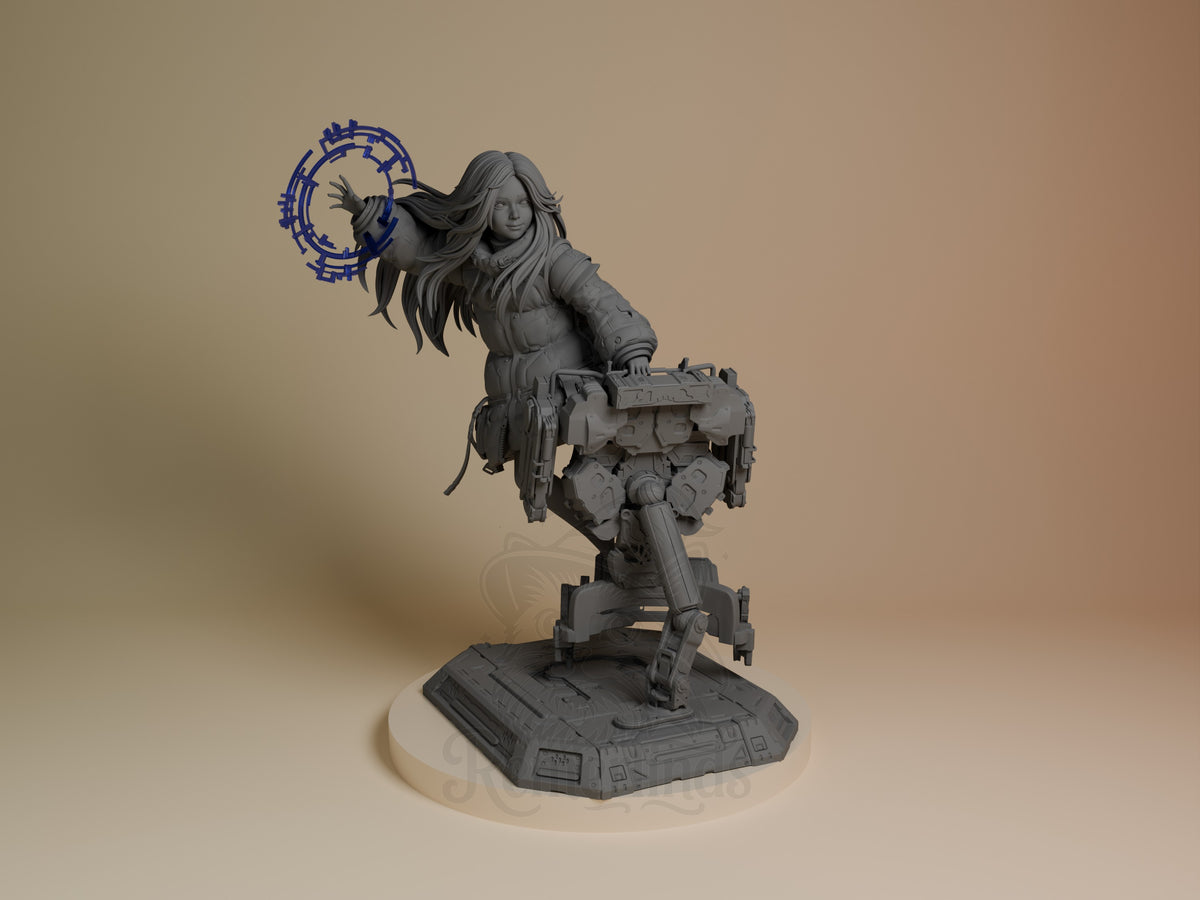 Diana from Pragmata resin figure shown from front, unpainted gray, dynamic pose holding blue magical staff, standing on detailed base.
