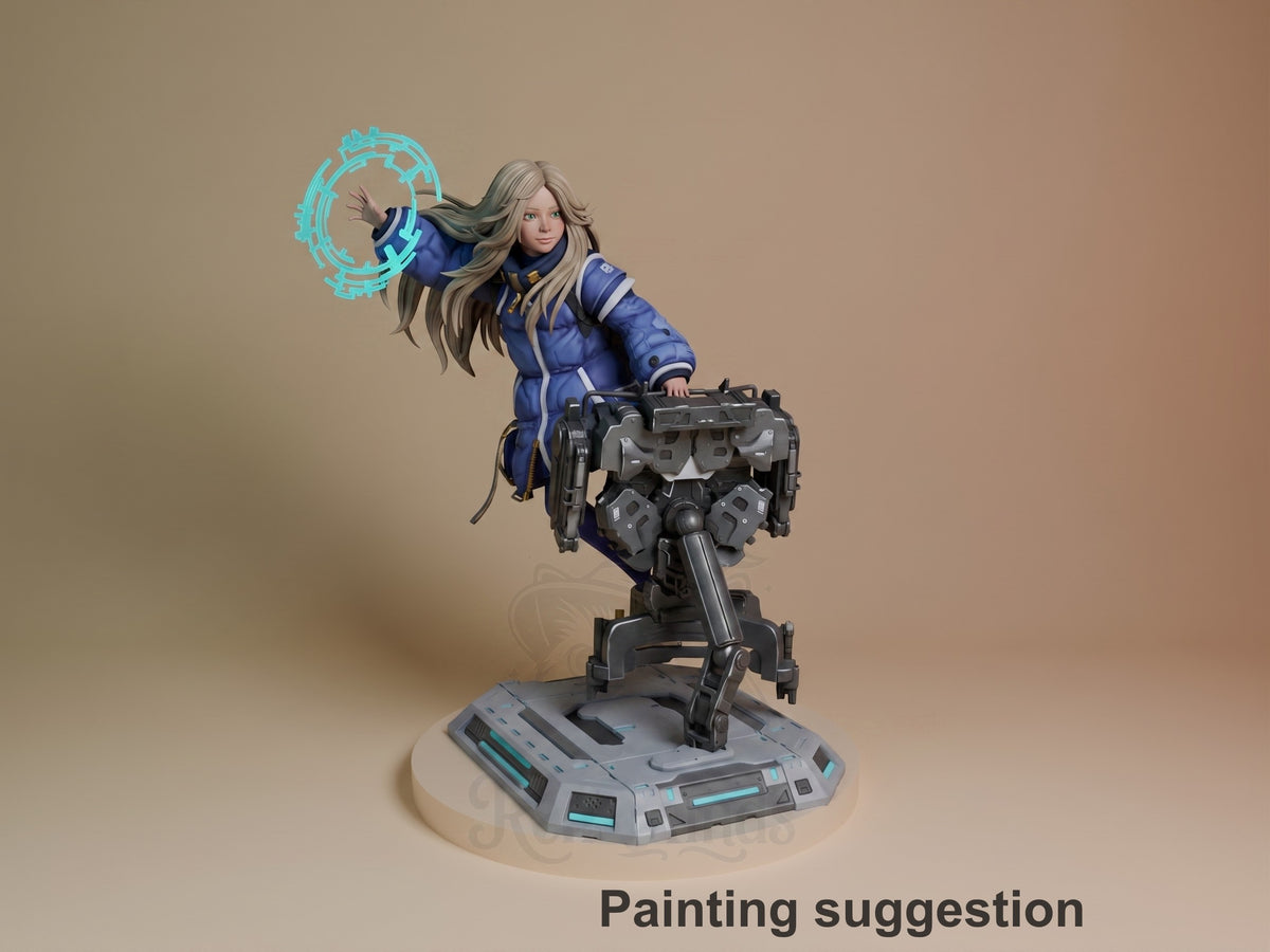 Diana from Pragmata resin figure posed on mechanical base, casting blue spell effect, painted in blue outfit with long hair, detailed gray armor components.