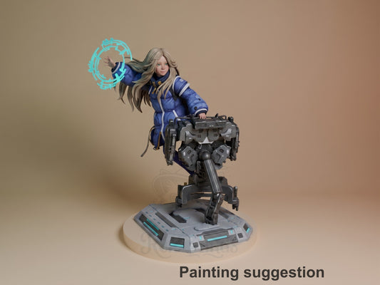 Diana from Pragmata resin figure posed on mechanical base, casting blue spell effect, painted in blue outfit with long hair, detailed gray armor components.