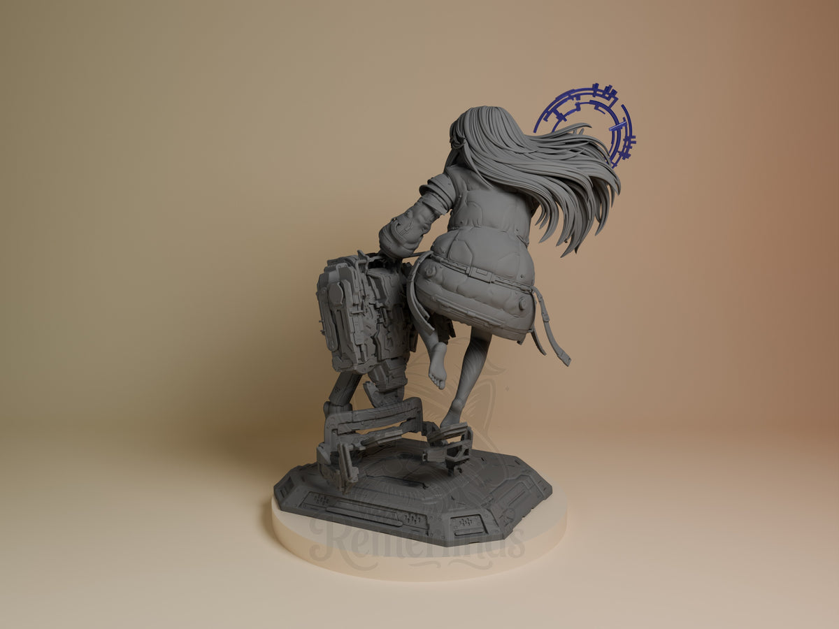 Diana from Pragmata resin figure shown from left side, unpainted gray, dynamic pose on detailed base with futuristic backpack and blue circular element.