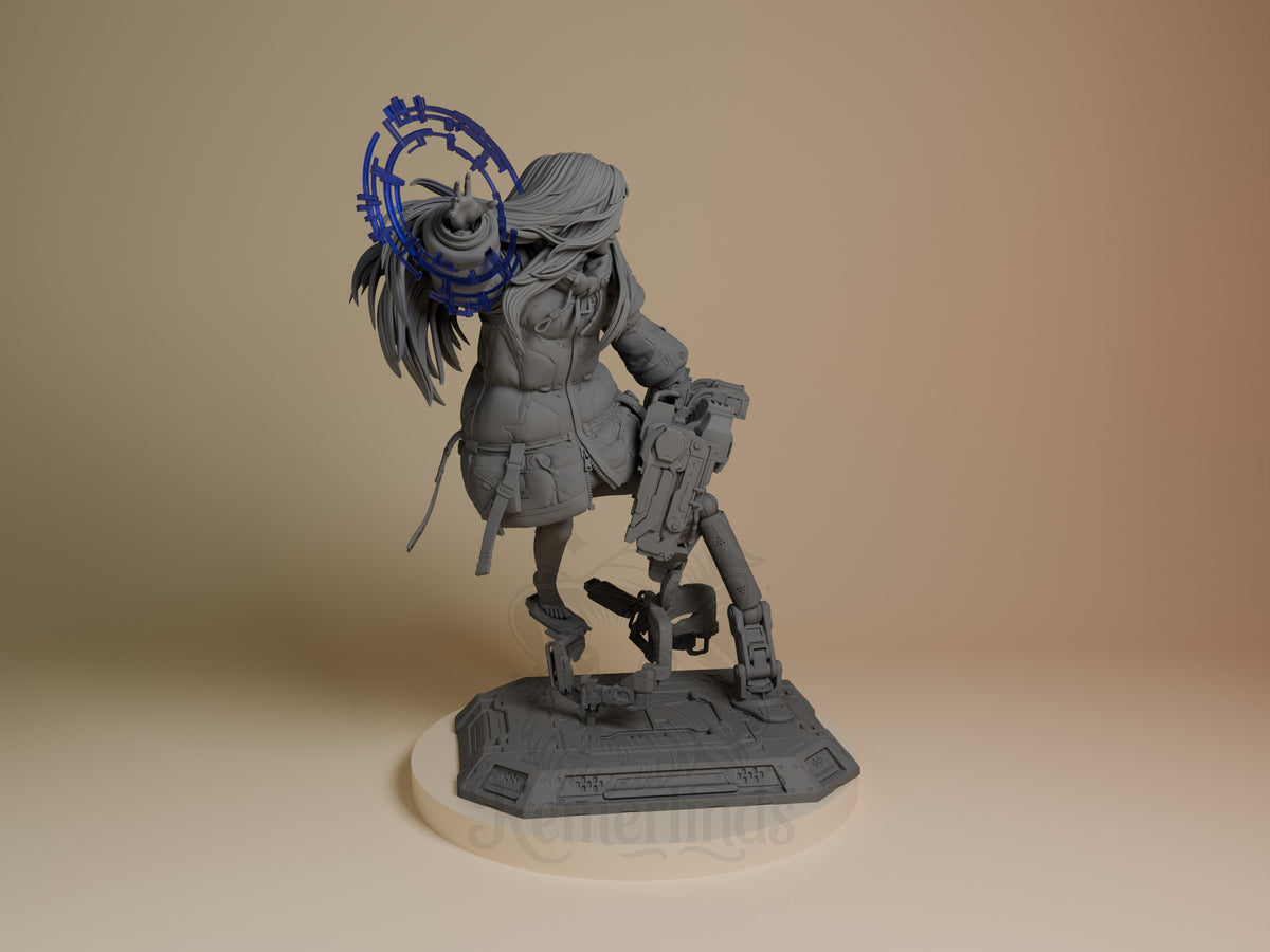 Diana from Pragmata resin figure shown from right angle, unpainted gray, holding blue circular weapon, standing on tech base.