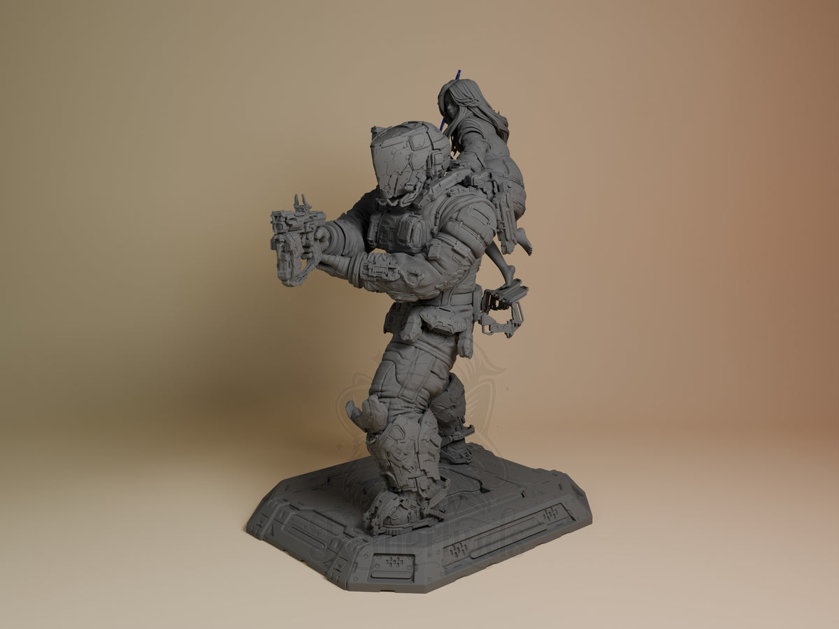 Gray resin diorama of Diana and Hugh from Pragmata in dynamic pose on octagonal base, shown from side angle.