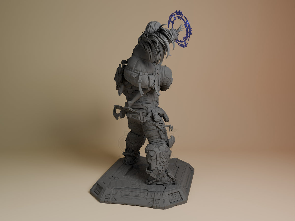 Diana from Pragmata resin diorama shown from back, unpainted gray, holding blue device, standing on tech base.