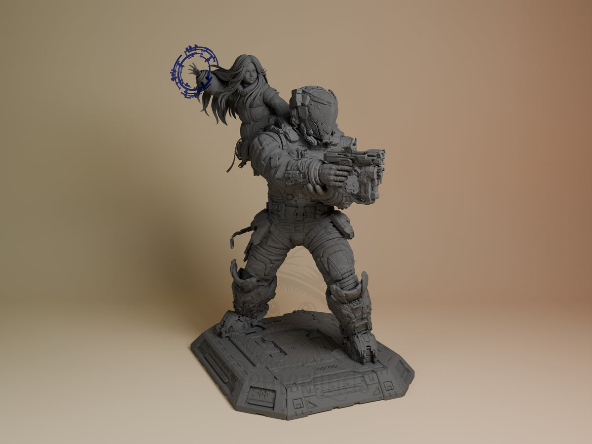 Diana and Hugh from Pragmata resin diorama shown from front, unpainted gray figures on tech base, character with weapon and magical orb.
