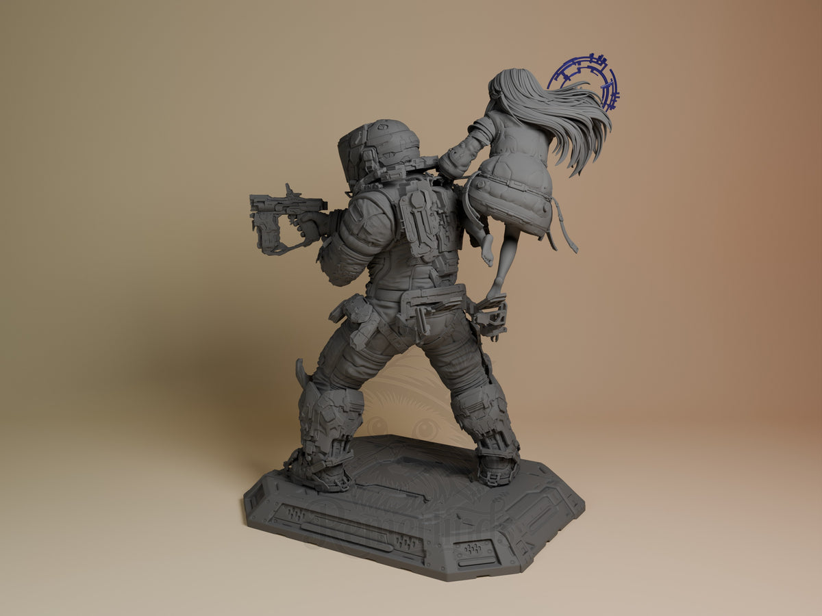 Diana and Hugh resin diorama from Pragmata, unpainted gray figures in dynamic action pose on sci-fi base, side view angle.
