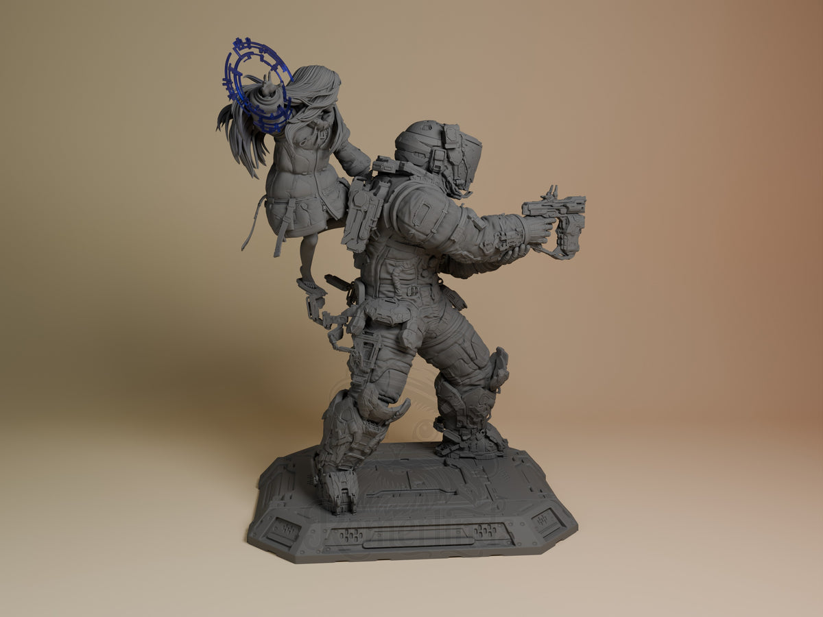 Diana and Hugh 3D printed resin diorama from Pragmata, unpainted gray figures on base, Diana elevated on Hugh's shoulder holding blue staff, Hugh in tactical gear wielding rifle, right angle view.