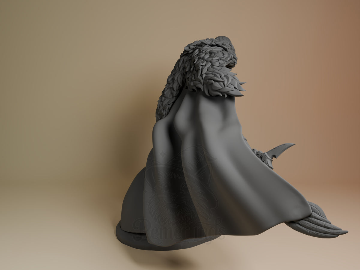 Back view shows unpainted Azure Regent from Fire Symbol resin figure with cloak, tail, and base.
