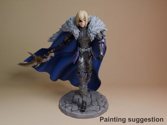 Azure Regent resin figure standing on textured base, wearing blue cape with fur collar, ornate armor, holding decorative sword, platinum hair, painted and assembled.