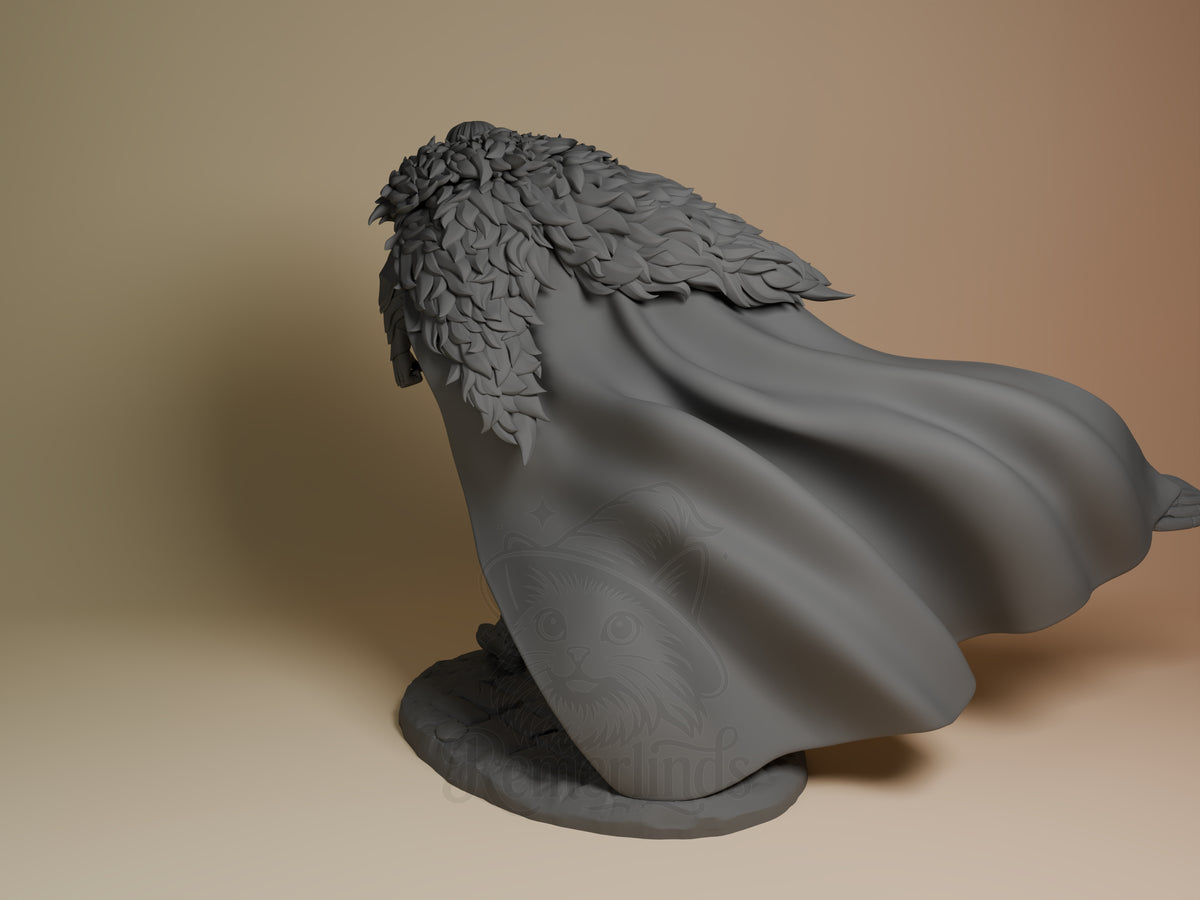 Azure Regent from Fire Symbol resin figure shown unpainted from the left rear, with feathered hair, flowing cloak, and base.