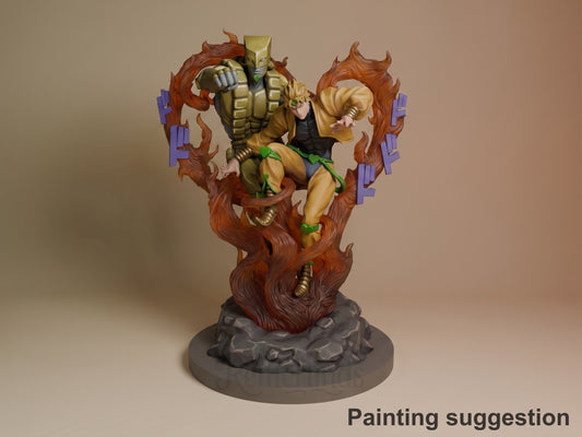 Dio and The World resin figure from JoJo's Bizarre Adventures, painted in gold and tan with red hair, posed on rocky base with purple stands.