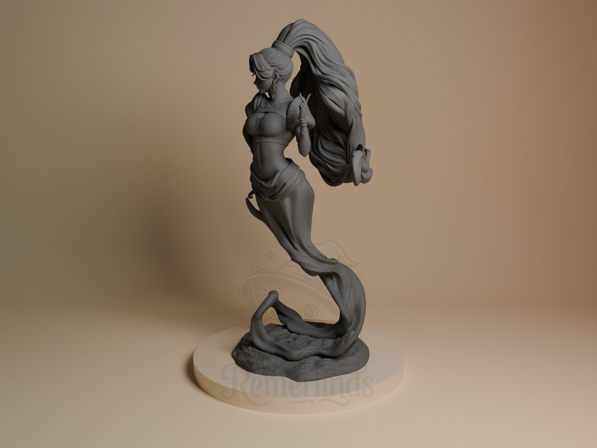 Djinn 3D printed resin figure shown from side angle, displaying flowing hair and tail, unpainted gray finish on cream base.