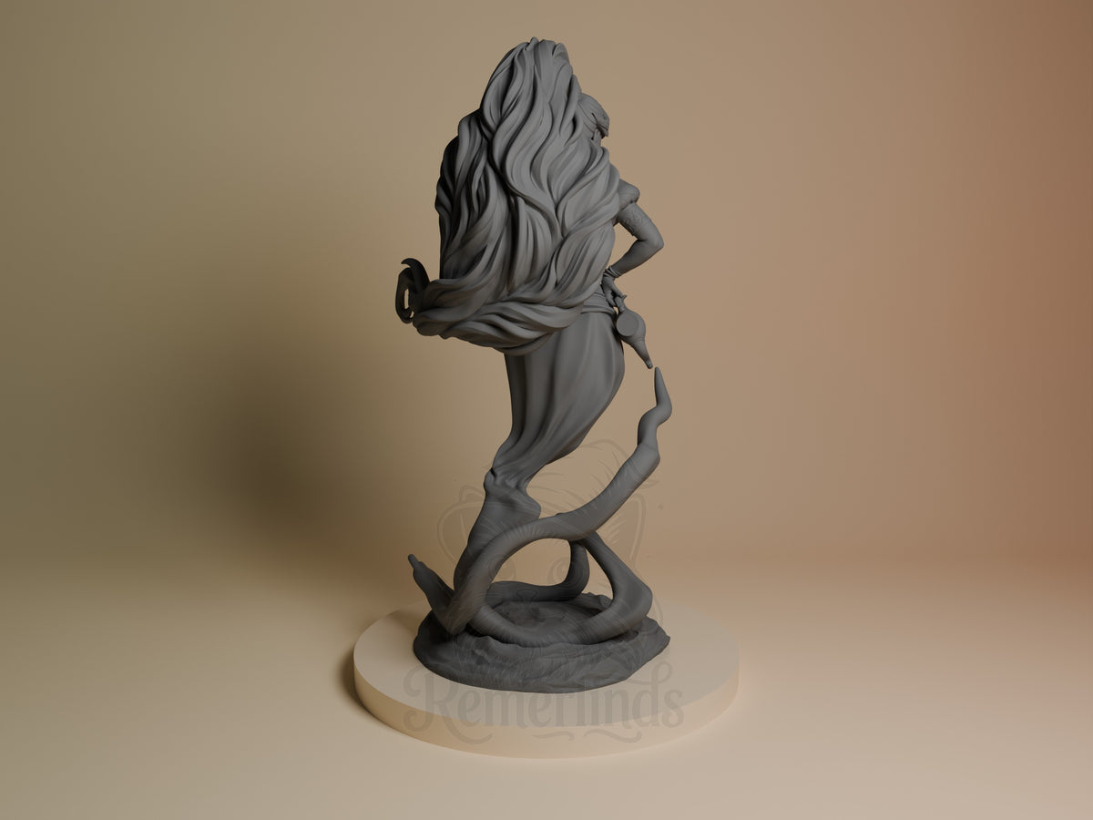 Djinn resin figure shown from back view, long flowing hair and draped clothing, hand on hip, mounted on curved base, unpainted gray finish.