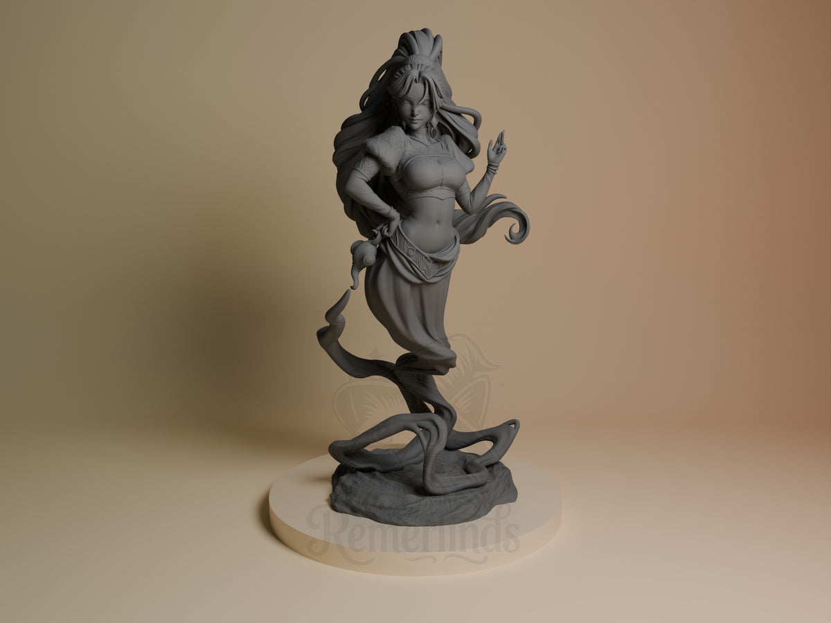 Unpainted resin figure of Djinn from Original Art by CA3D Studios, front view, female character with elaborate hair and flowing robes on serpent base.