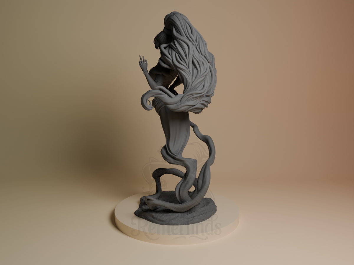 Gray resin figure of Djinn from Original Art, posed dynamically atop serpentine base, long flowing hair and detailed sculpting visible from left angle.