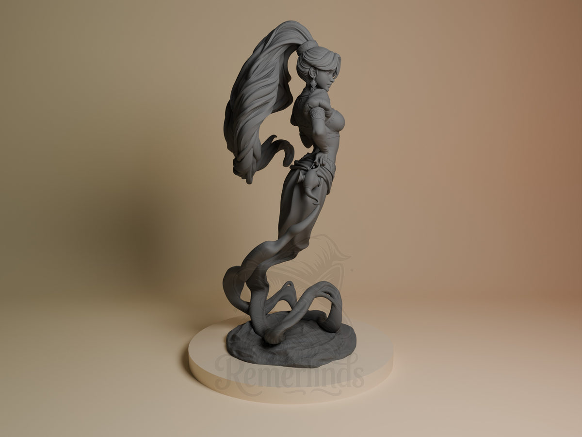 Djinn resin figure shown from the side, standing on a tentacle base with flowing fabric, unpainted gray finish, dynamic upward pose.
