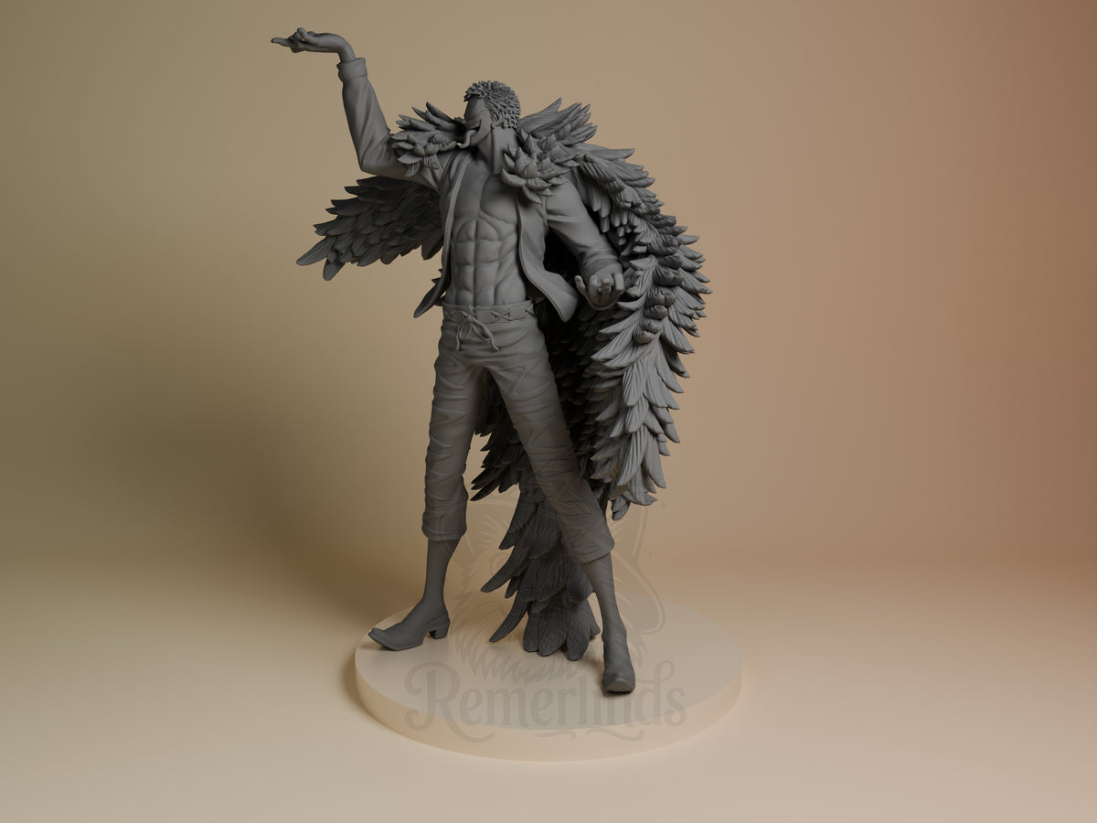 Doflamingo from One Piece resin figure shown at an angled view, unpainted with raised arm and feathered coat on a round base.