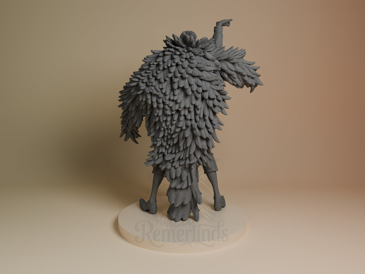 Back view shows Doflamingo from One Piece, an unpainted resin figure in a feathered coat with one arm raised on a sculpted[?