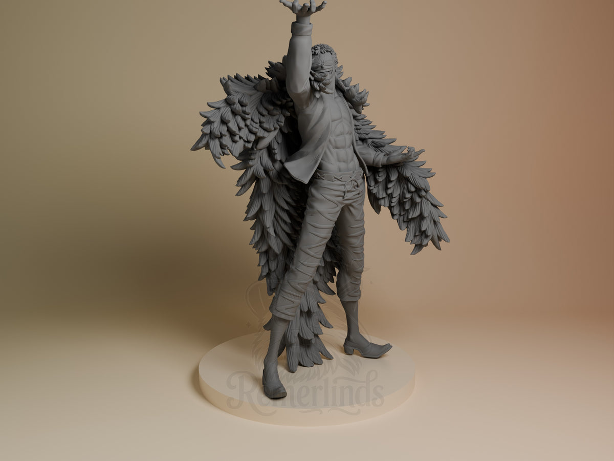 Front view of Doflamingo from One Piece, an unpainted resin figure raising one arm on a sculpted round base.
