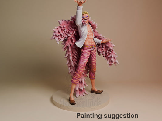 Painted Doflamingo resin figure from One Piece stands on a round base with one arm raised.