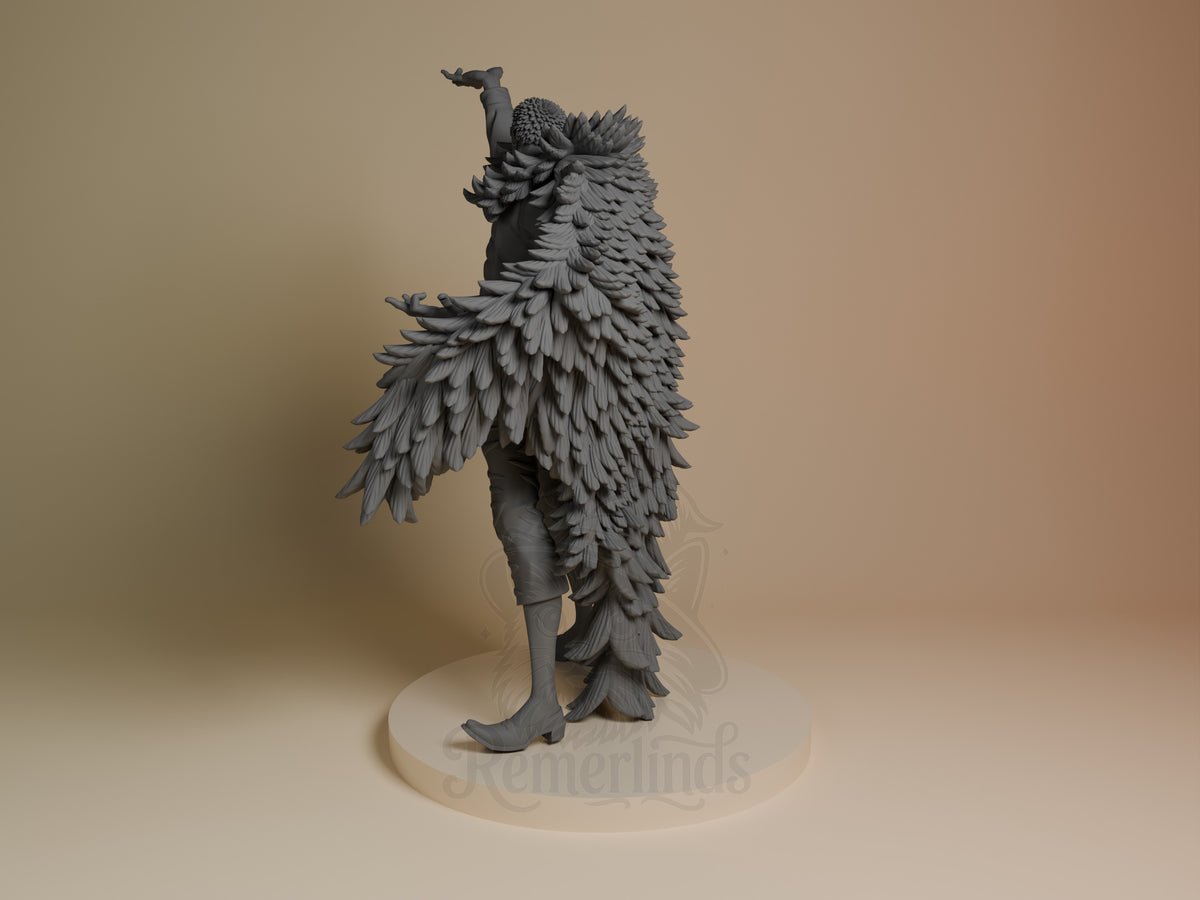 Left-side view of unpainted Doflamingo resin figure from One Piece on a round base.