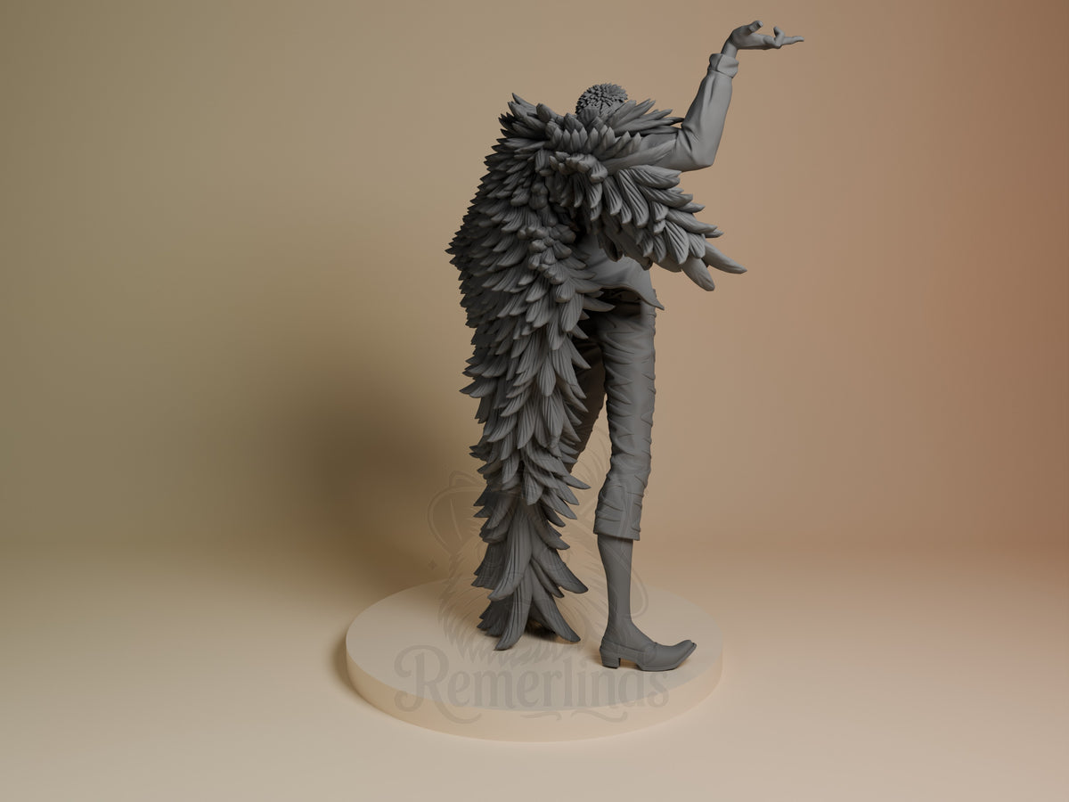 Doflamingo from One Piece is an unpainted resin figure in right view, posed on a round base.