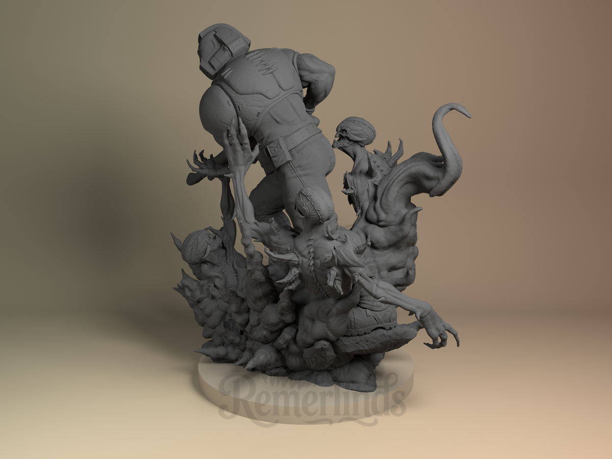 Dread Slayer Inferno Assault 3D printed resin figure by Nomnom, angled view showing dimensional details.