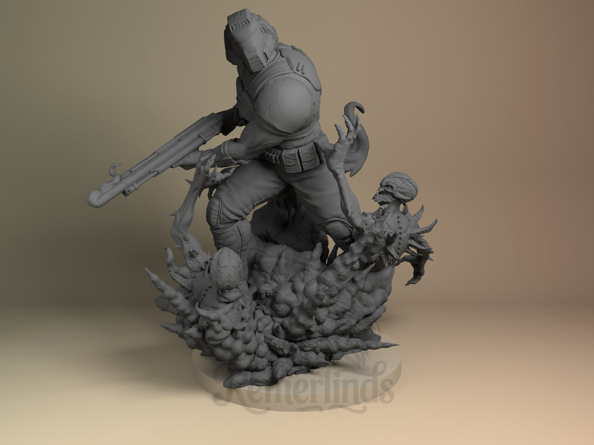 Dread Slayer Inferno Assault 3D printed resin figure by Nomnom, unpainted front view. The 3D printed resin miniature depicts the Dread Slayer character from the Inferno Assault series by Nomnom in a dynamic standing pose, wielding a large shotgun in both hands. The figure is armored head-to-toe with a detailed helmet and utility belt, standing amid a swirling base of demonic hands and arms bursting upwards, enhancing the dramatic and intense combat atmosphere of the composition.