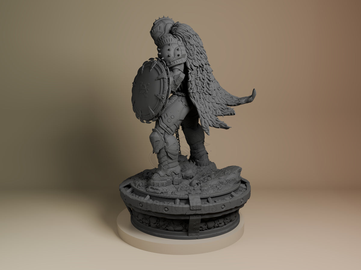 Doom Slayer from Doom: Dark Ages stands in profile with shield and fur cloak on a sculpted base resin figure.