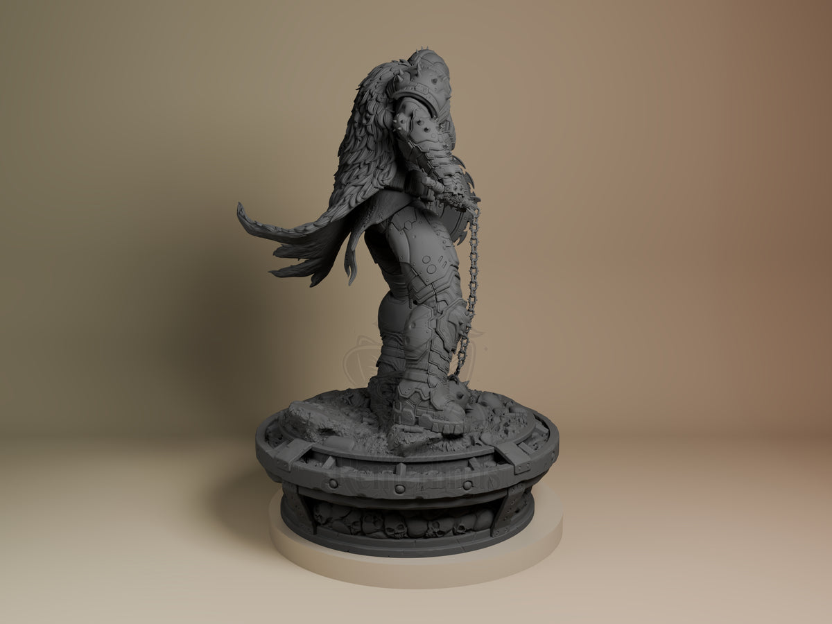 Back three-quarter view of unpainted Doom Slayer resin figure from Doom: Dark Ages, with armor, cape, chain, and sculpted c ?