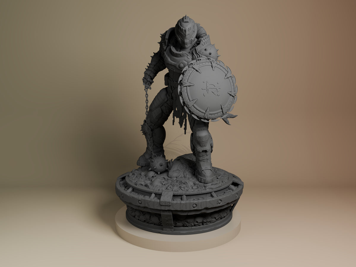 Front view of unpainted Doom Slayer resin figure from Doom: Dark Ages with shield on sculpted base.