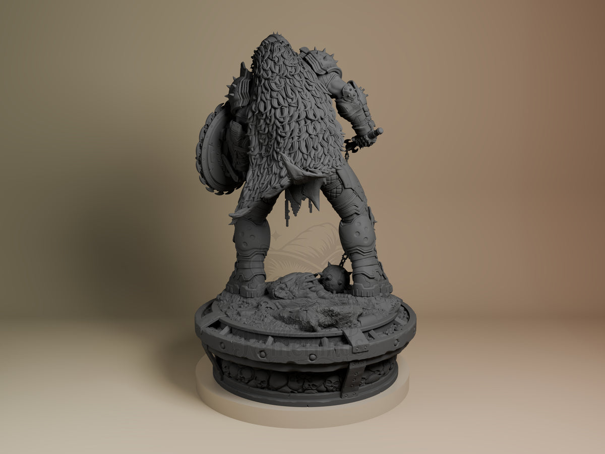 Doom Slayer from Doom: Dark Ages shown from behind as an unpainted resin figure on a sculpted base.