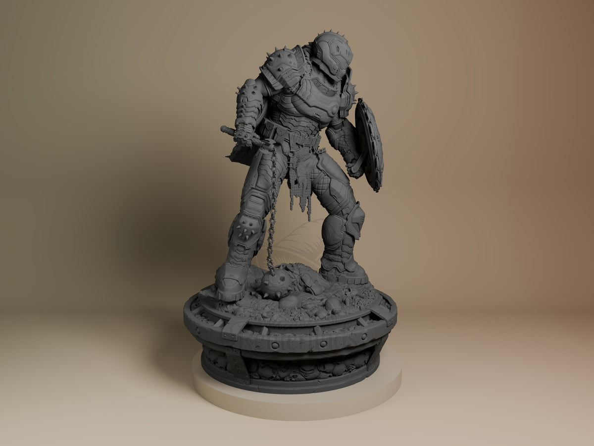 Doom Slayer from Doom: Dark Ages is an unpainted resin figure with shield and weapon on a sculpted base.