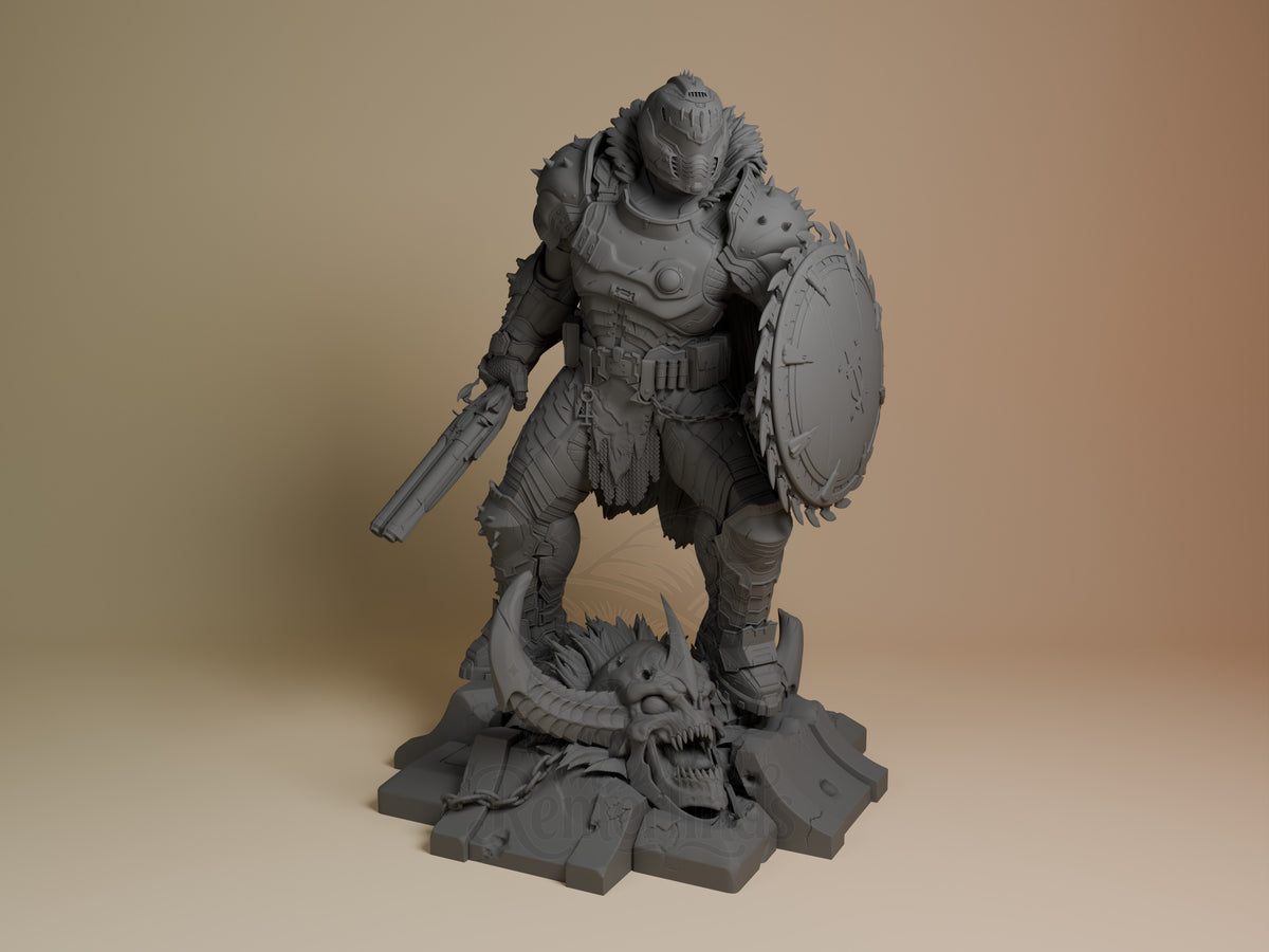 Crimson Vanguard from Inferno Assault is an unpainted resin figure posed with weapon, shield, and beast base.