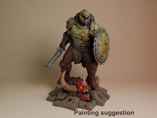 Painted Crimson Vanguard from Inferno Assault resin figure faces forward with gun, shield, and demon base.